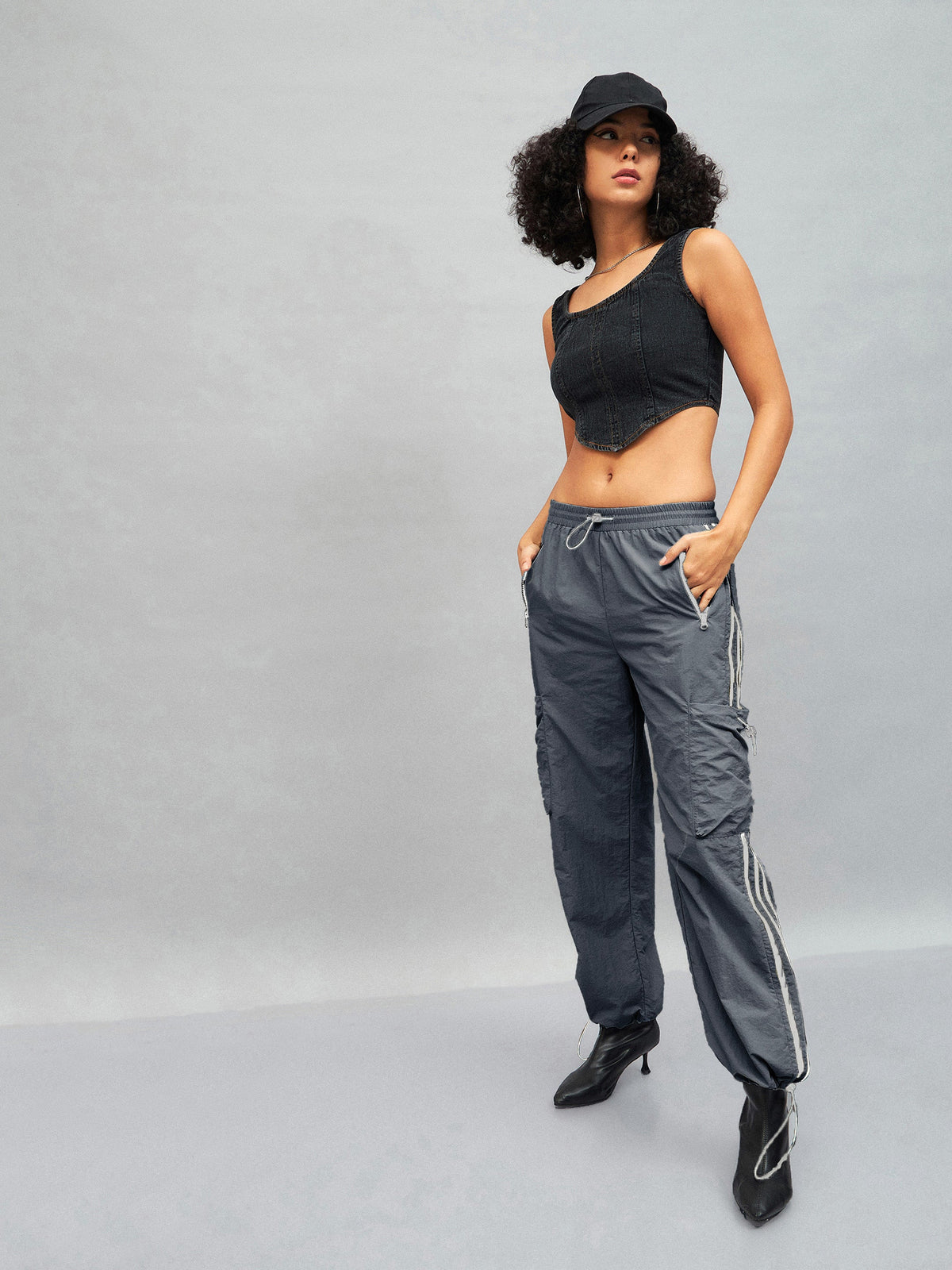 Women Light Grey Side Tape Cargo Parachute Pants at Rs 1343.00