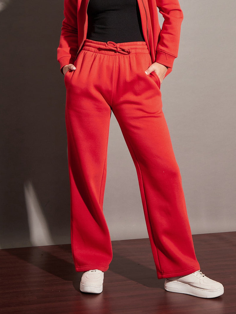 Women Red Knitted Contrast Pockets Track Pants