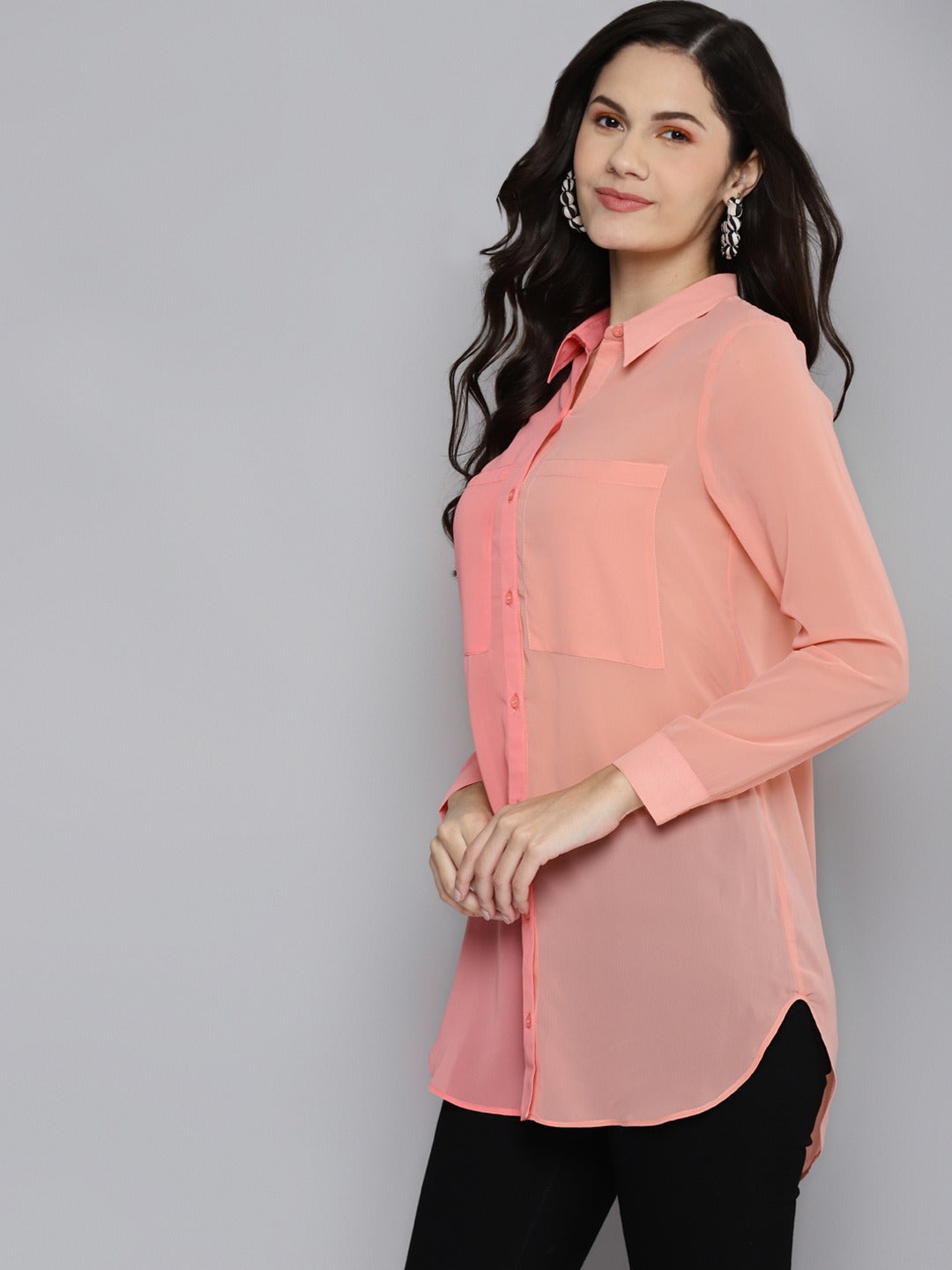 Buy Women Powder Pink Colour Block Longline Shirt Online at Sassafras