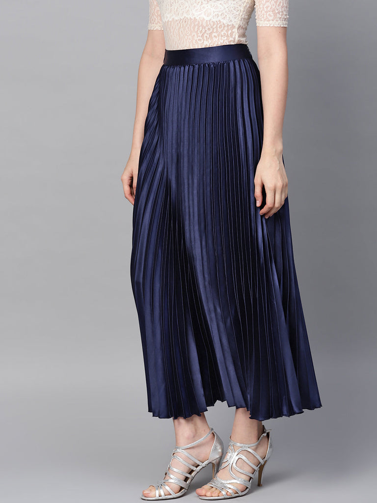 Buy Women Blue Satin Pleated Maxi Skirt 