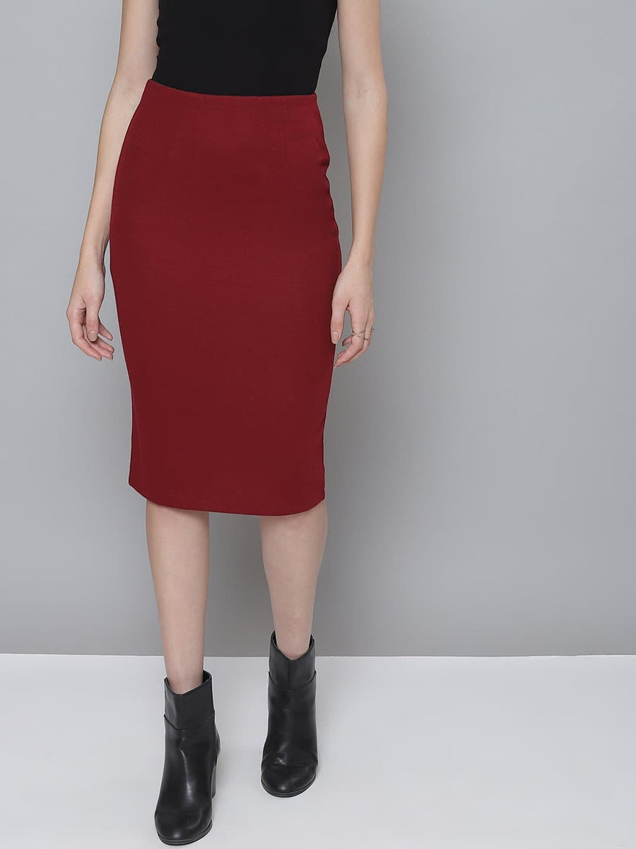 Buy Maroon Rib Pencil Skirt Online At Best Price - Sassafras.in