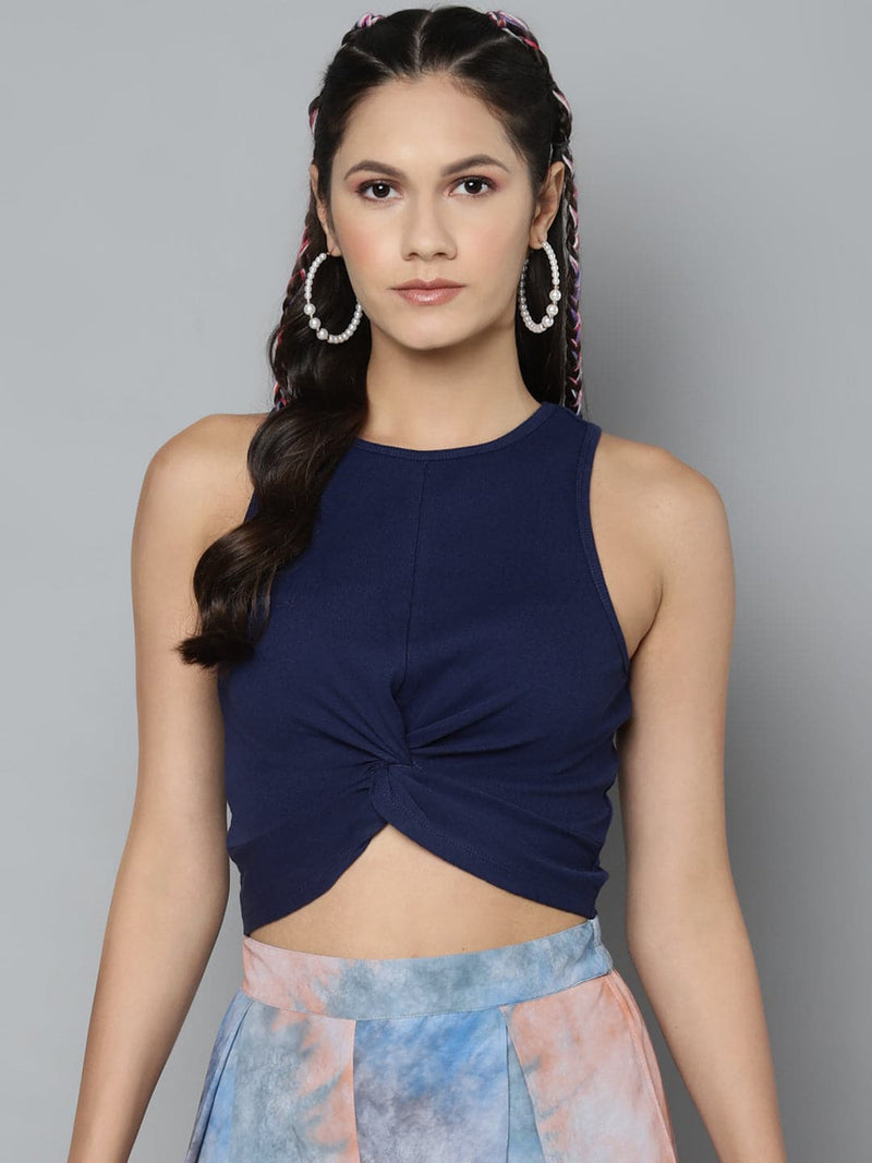 Women Blue Rib Crop Top With Straight Pants