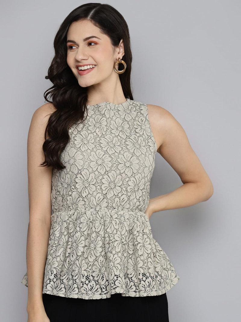 Buy Women Beige Lace Puff Sleeve Crop Top Online at Sassafras