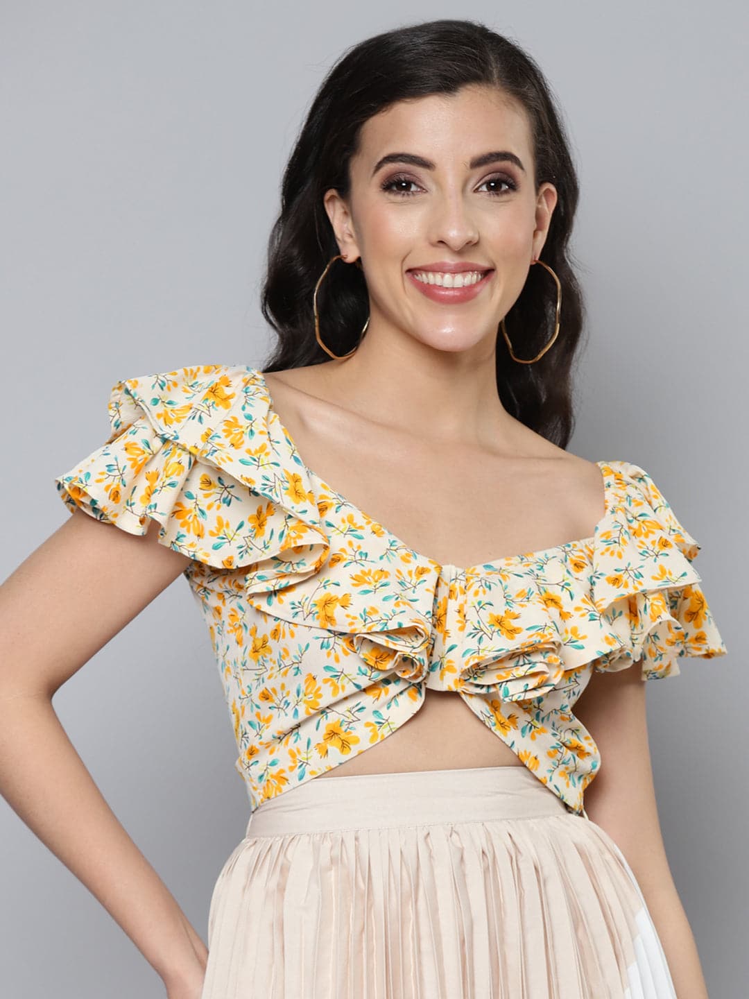 Women Blue Ditsy Floral Off Shoulder Crop Top