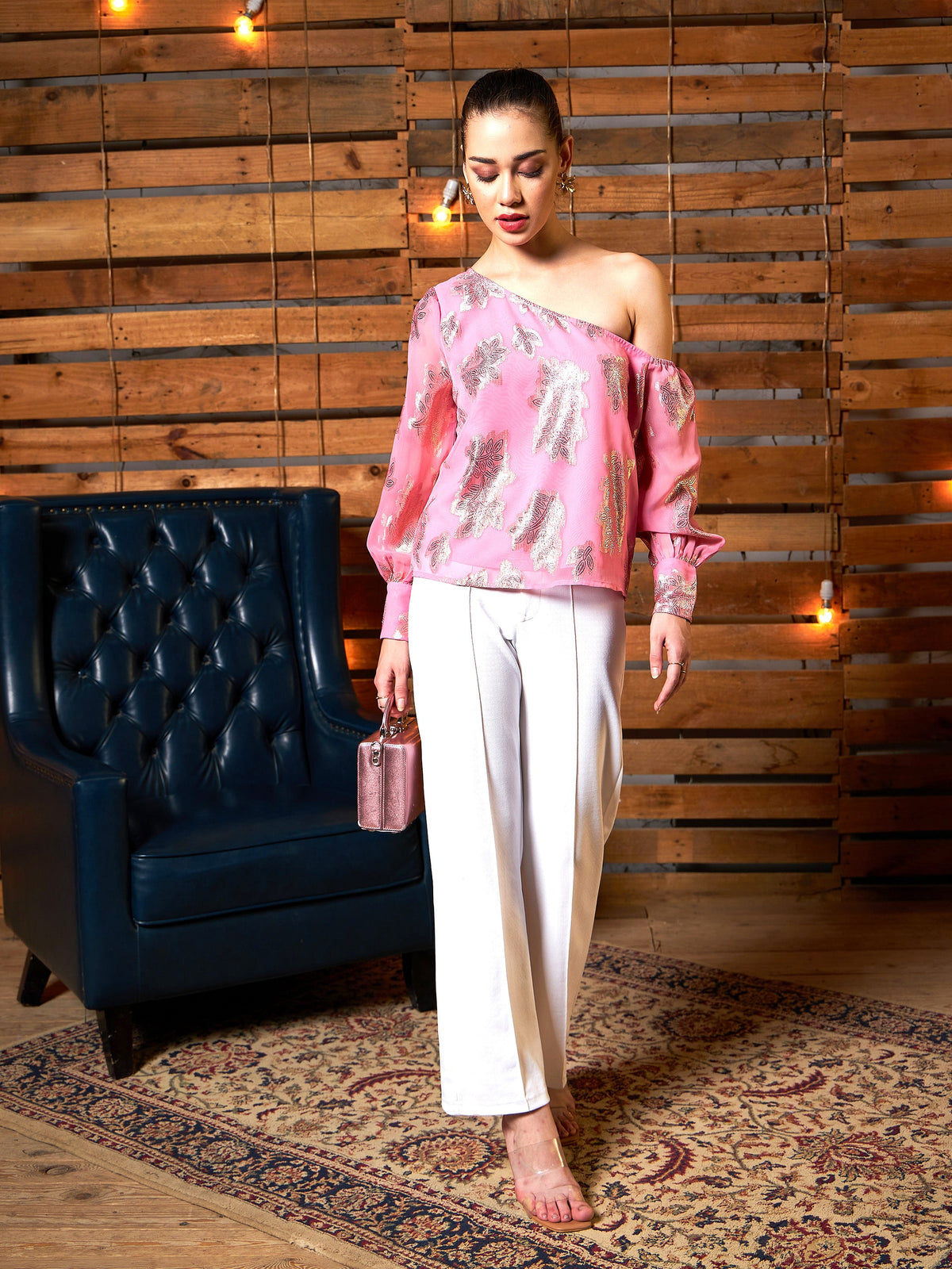 Women Magenta Jacquard Off Shoulder Frilly Peplum Top