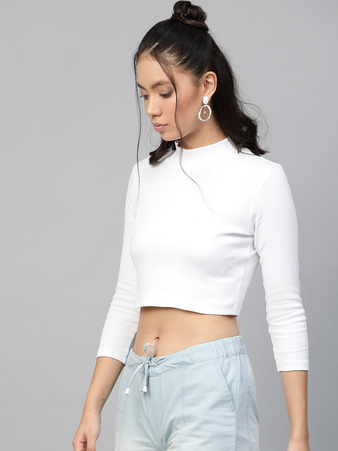 Grey & White Polka Puff Sleeve Crop Top