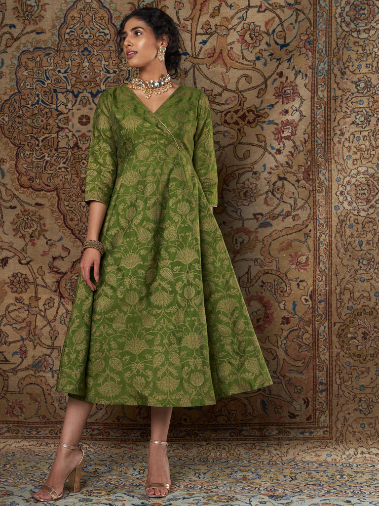 Buy Women Green Brocade Floral Anarkali Dress Online At Sassafras 3376