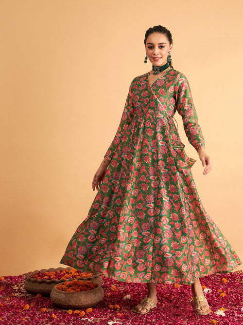 Olive Green Mirror Work Ethnic Maxi Dress – The Anarkali Shop