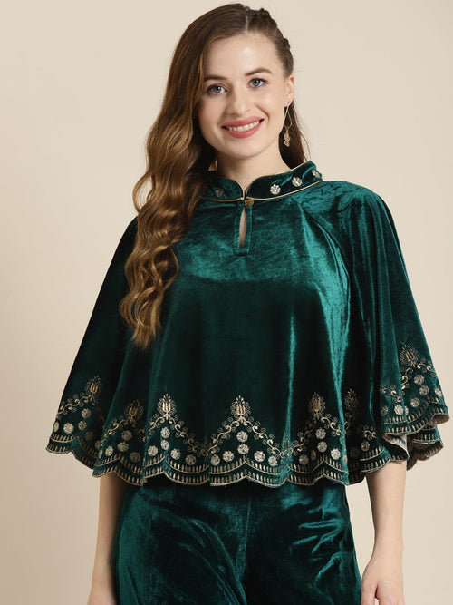 Women Emerald Velvet Lace Detail Dushala