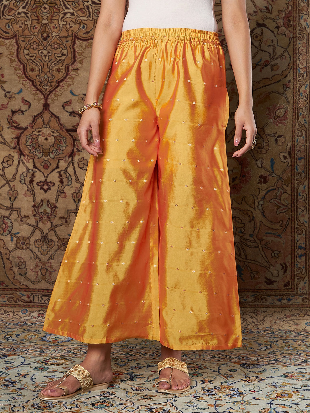 Women Golden Indian Motif Brocade Pants