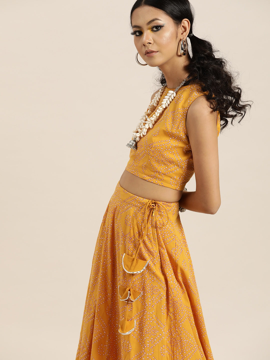 Buy Women Mustard Bandhej Sleeveless Crop Top With Anarkali Skirt ...