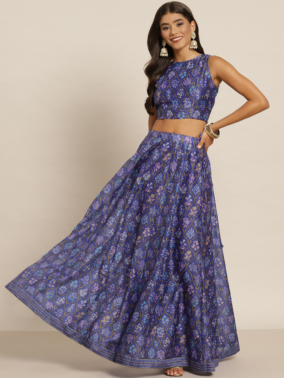 Buy Women Purple Mughal Floral Crop Top With Anarkali Skirt Online ...