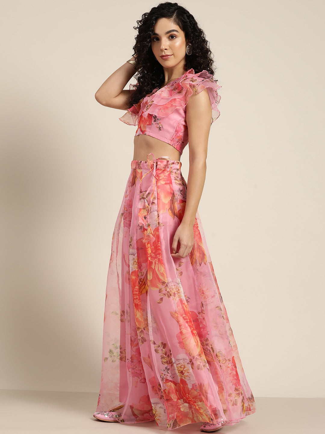 Buy Women Pink Organza Floral Crop Top With Anarkali Skirt Online ...
