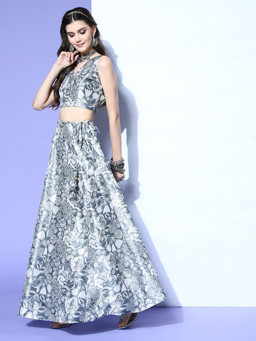 Buy Women Blue Floral Crop Top with Anarkali Skirt Online at Sassafras