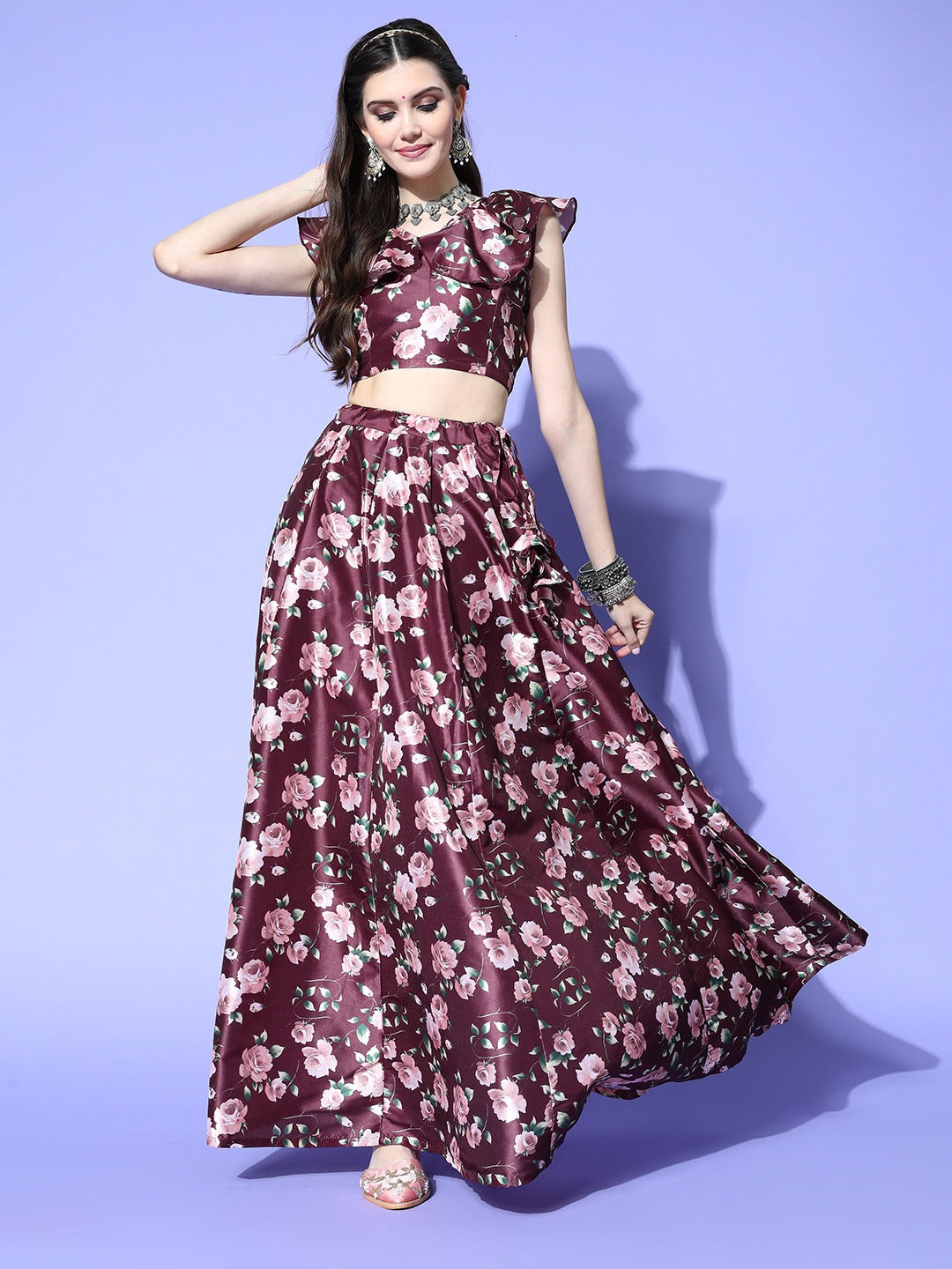 Buy Women Burgundy Floral Layered Crop Top With Anarkali Skirt ...