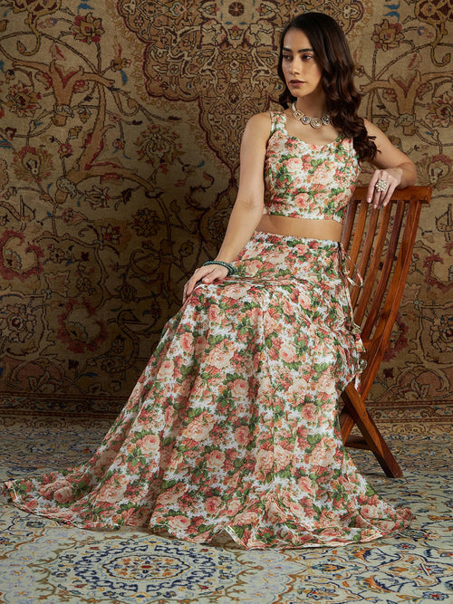 Buy Powder Pink Lehenga And A Crop Top In Floral Resham Embroidery, Crop Top  Comes In Spagetti Strap And Corset Neckline