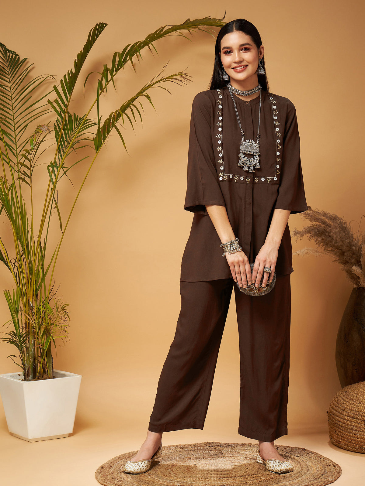 Shae by SASSAFRAS V-Neck Crop Top & Palazzo with Printed Long Shrug Co-Ords  - Absolutely Desi