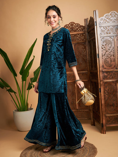 Women Black Embroidered Sleeve Shirt Kurti With Palazzos