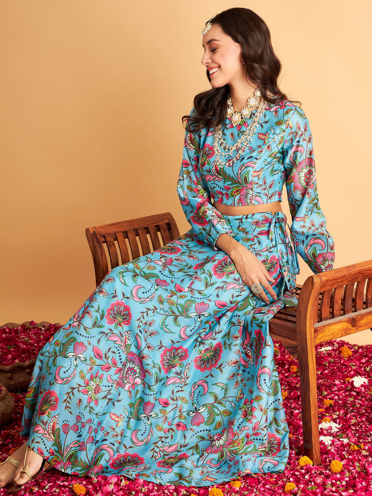 Shae by SASSAFRAS V-Neck Crop Top & Palazzo with Printed Long Shrug Co-Ords  - Absolutely Desi