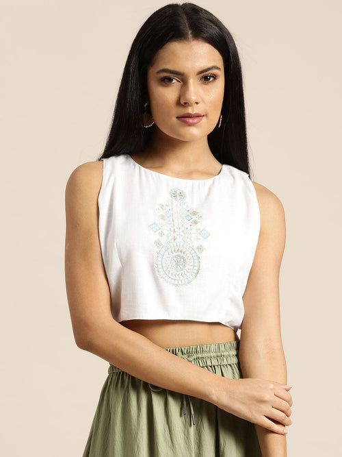 Buy Girls White Sleeveless Schiffli Yoke Crop Top Online at Sassafras