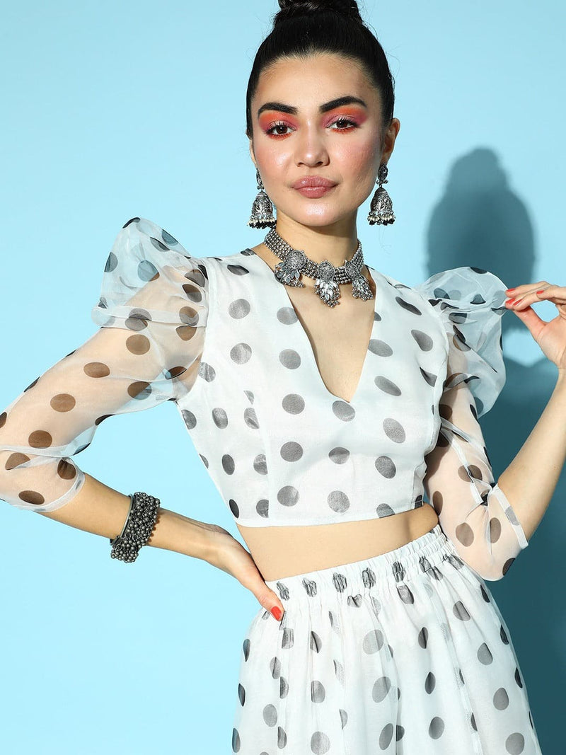 Buy Women Grey & White Polka Puff Sleeve Crop Top Online At Best