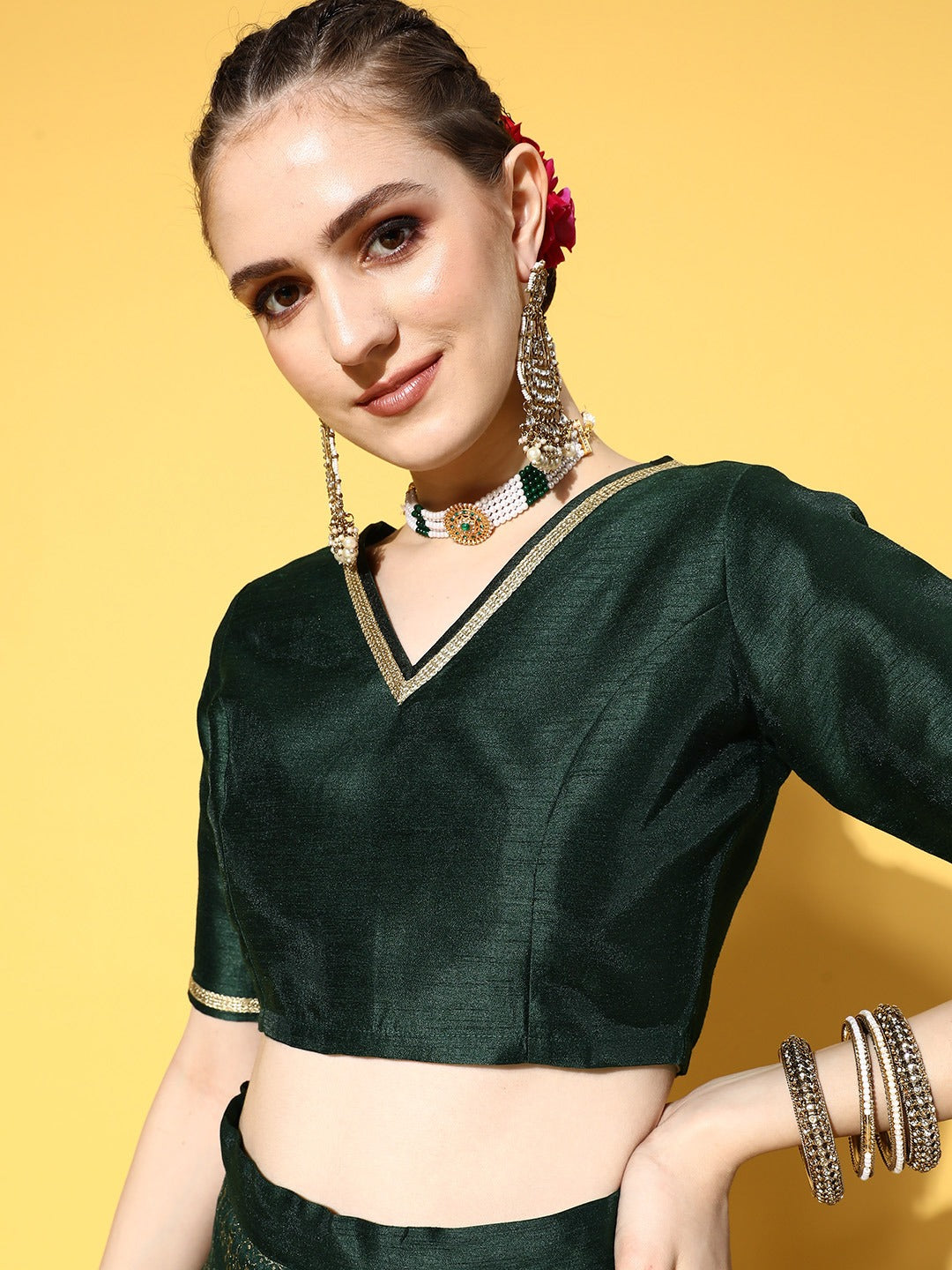 Buy Women Emerald Green V Neck Crop Top Online at Sassafras