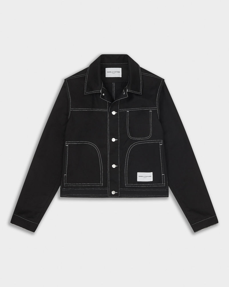 black denim jacket with contrast stitching
