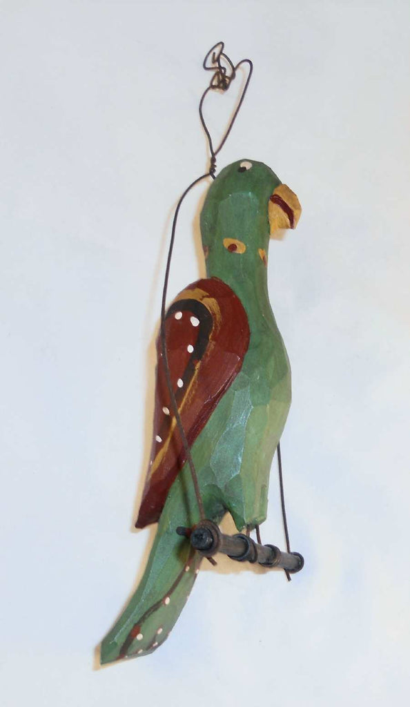 1992 Carved and Painted Wood Folk Art Parrot on Swing Hearts Decoratio ...