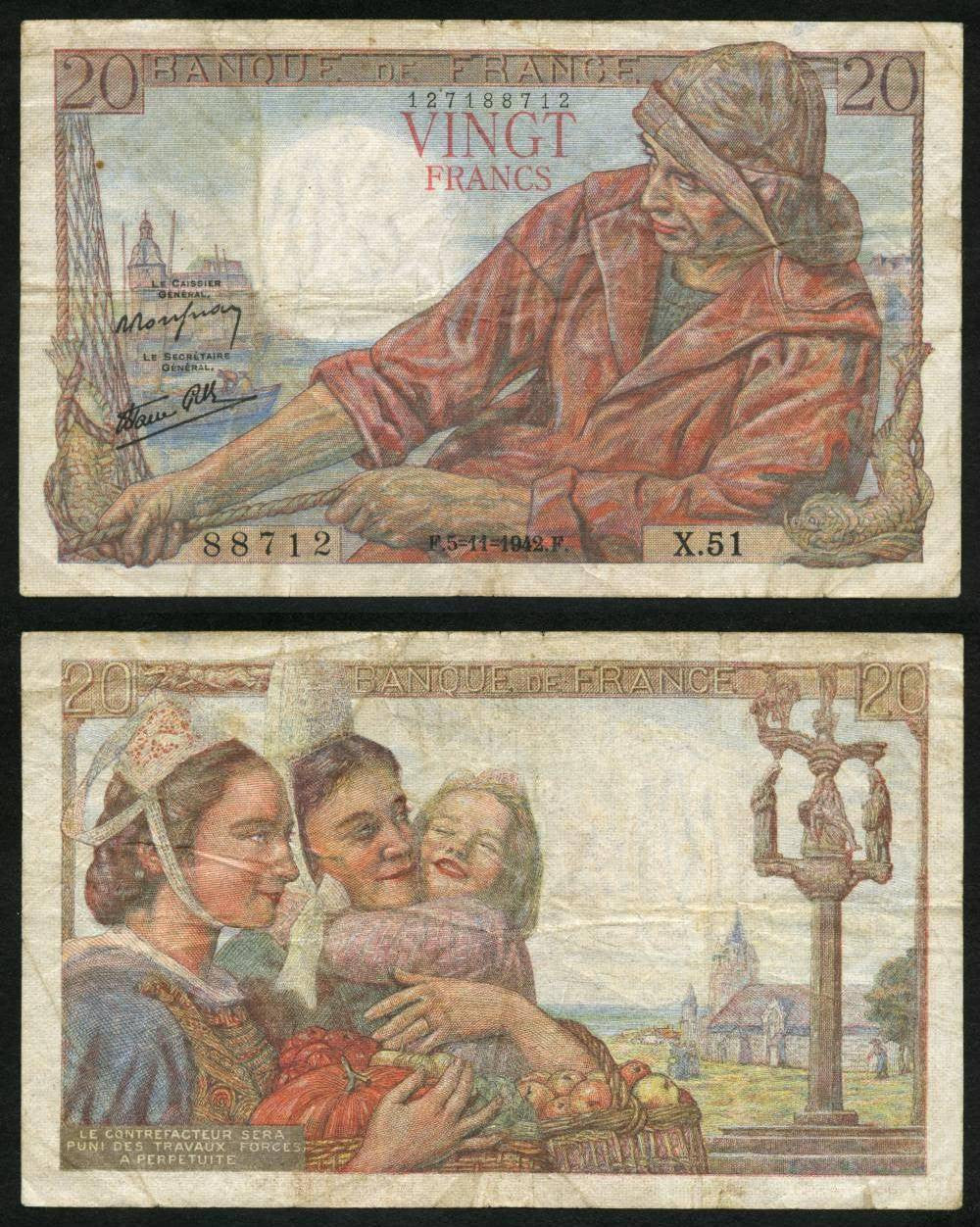 1942 France 20 Francs Banknote Pick Number 100a Good Very Fine - Giamer Antiques and Collectibles - Frances Mayes Books