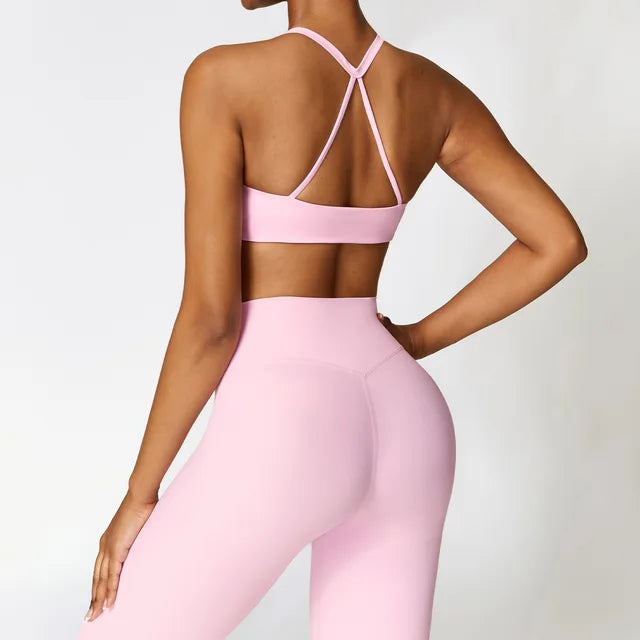 Buy Kica Mid Support Strappy Bra And High Waisted Leggings For Gym Pink  (Set of 2) Online