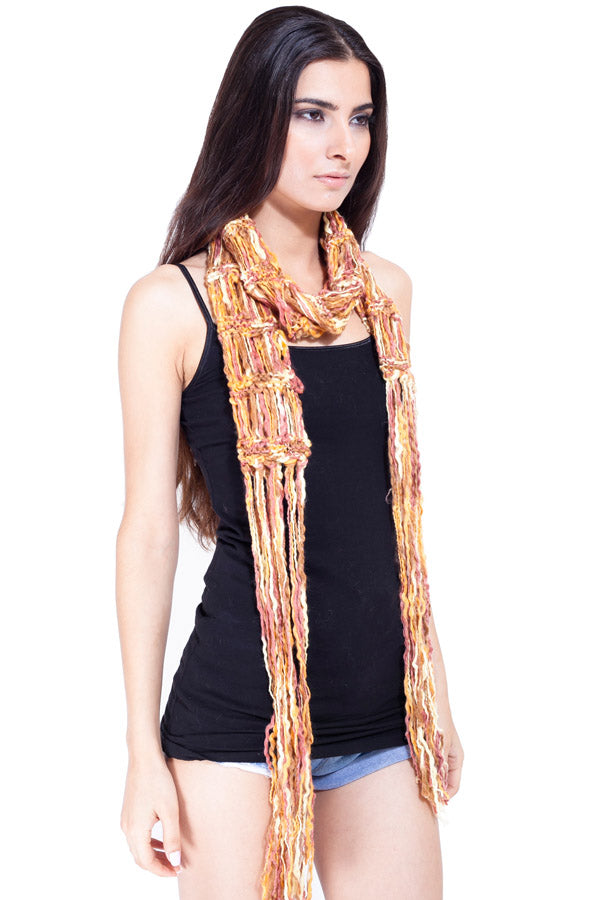 Womens Long Chunky Knit Winter Fringe Scarf in Sandstone and Cream