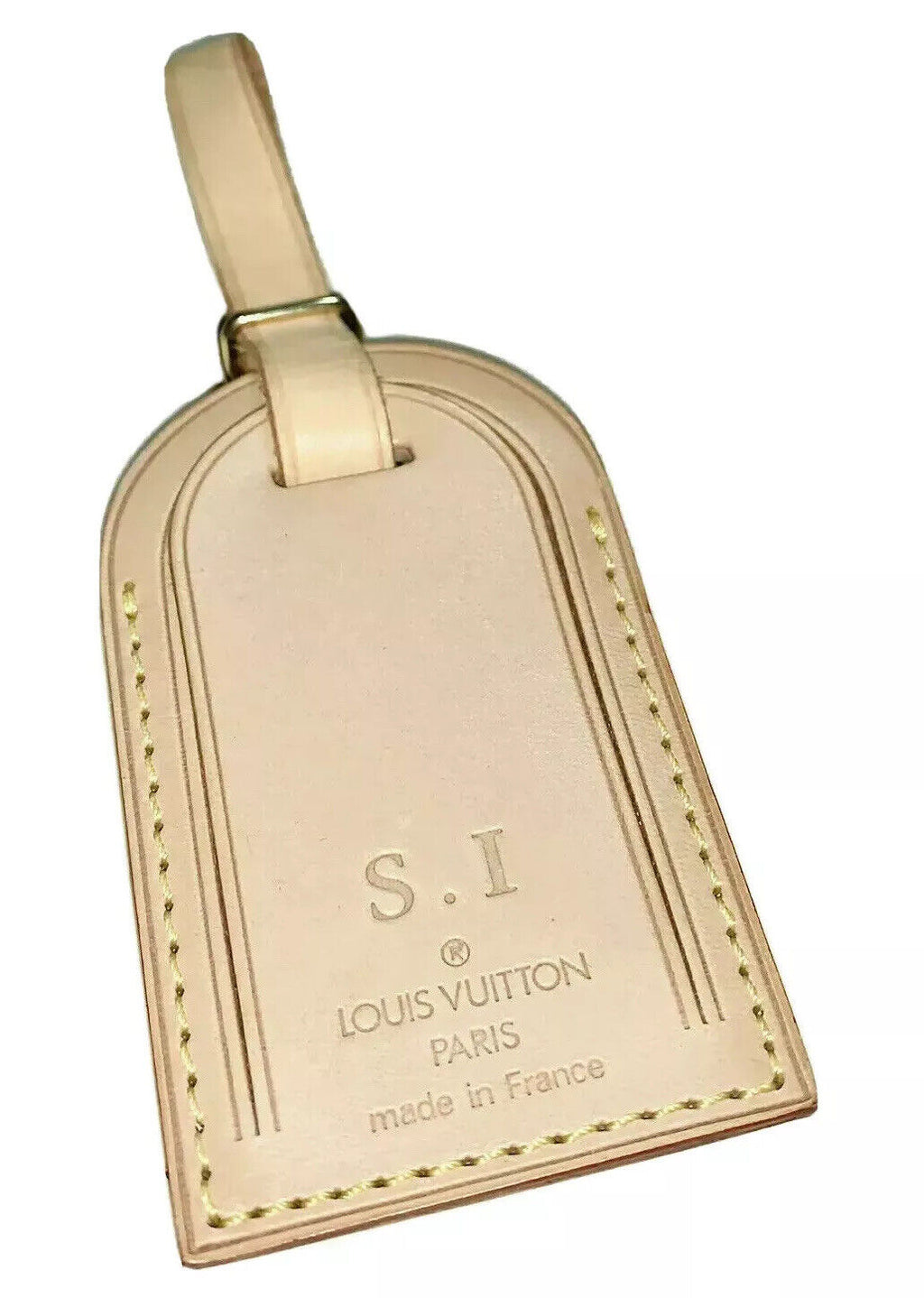 Louis Vuitton Name Tag w/ SN Initials Natural Vachetta Large Goldtone UEC