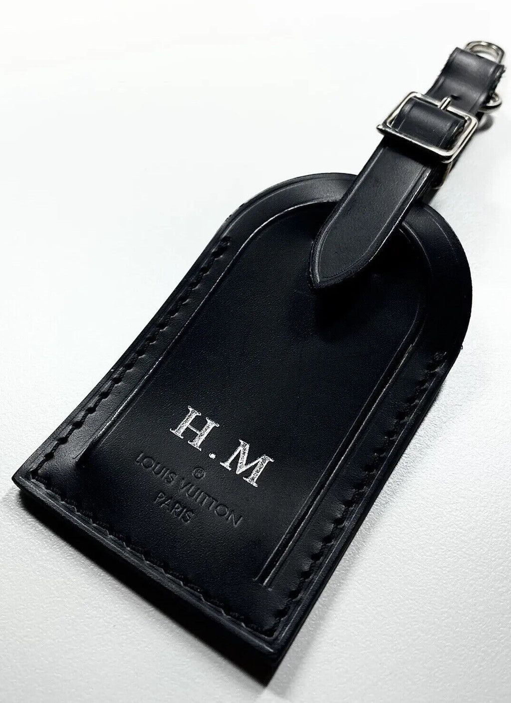 Louis Vuitton Luggage Tag w/ SK Initials Black Leather Silvertone