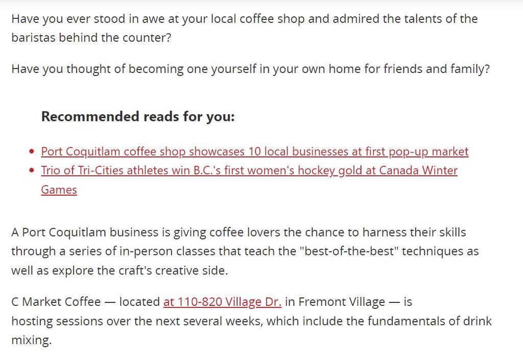Tri-City News article discussing C Market Coffee's coffee and barista latte art classes