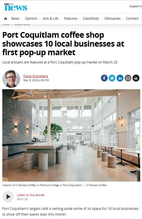 Tri-City News artitle that reads "Port Coquitlam coffee shop showcases 10 local businesses at first pop-up market"