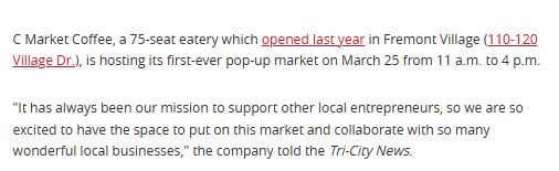 Tri-City News artitle discussing C Market Coffee's pop-up market on March 25 in Fremont Village with local businesses