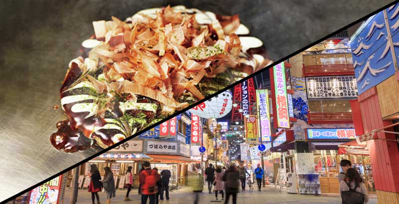 Foto von Shinsekai mit Tsutenkaku (新世界, 通天閣) in Osaka, Okonomiyaki お好み焼き im Osaka-Stil