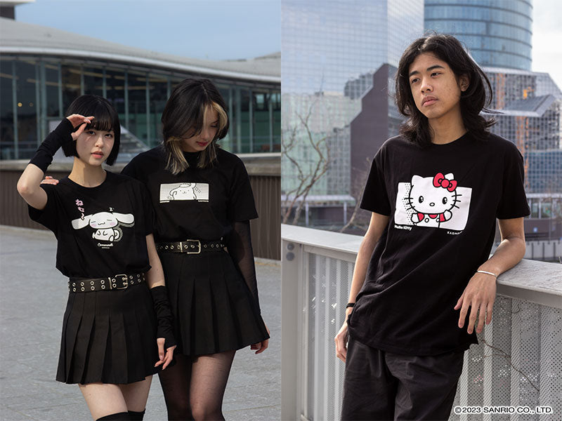 Cinnamoroll, Hello Kitty and Pompompurin kaomoji T-shirt model photos