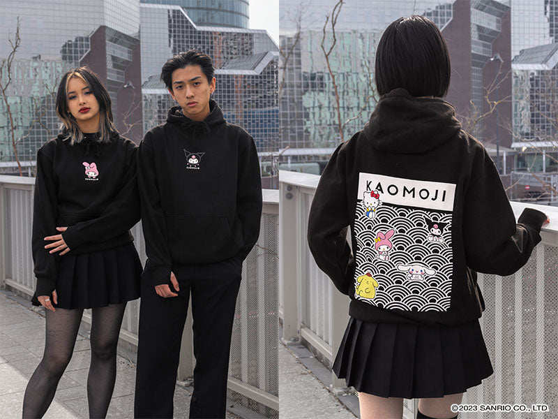 Kuromi, My Melody, Hello Kitty and Friends kaomoji hoodie model photos