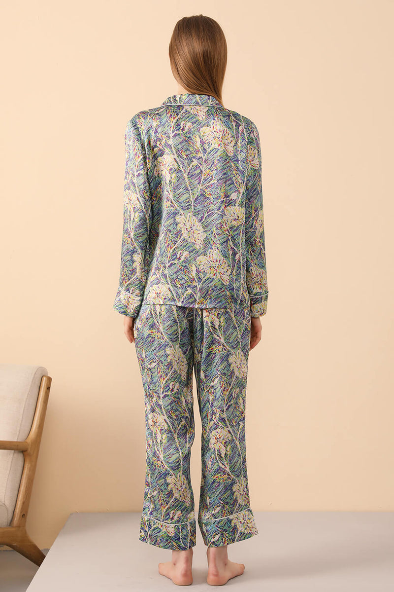 Long Sleeved Silk Pajama Set in Print - BASK