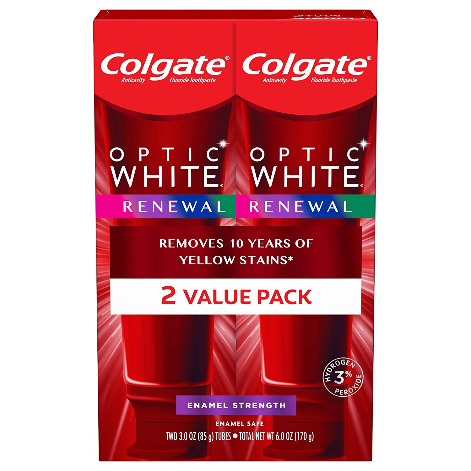 Optic White Renewal Teeth Whitening Toothpaste with Fluoride, 3% Hydrogen Peroxide, 3 oz (Pack of 2)