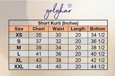 Short Kurti Size Chart for golghar.org 