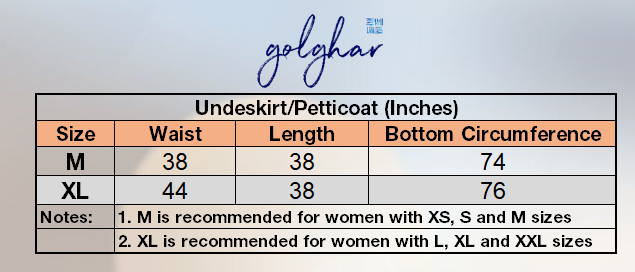 Underskirt/Petticoats Size Chart for Ladies 