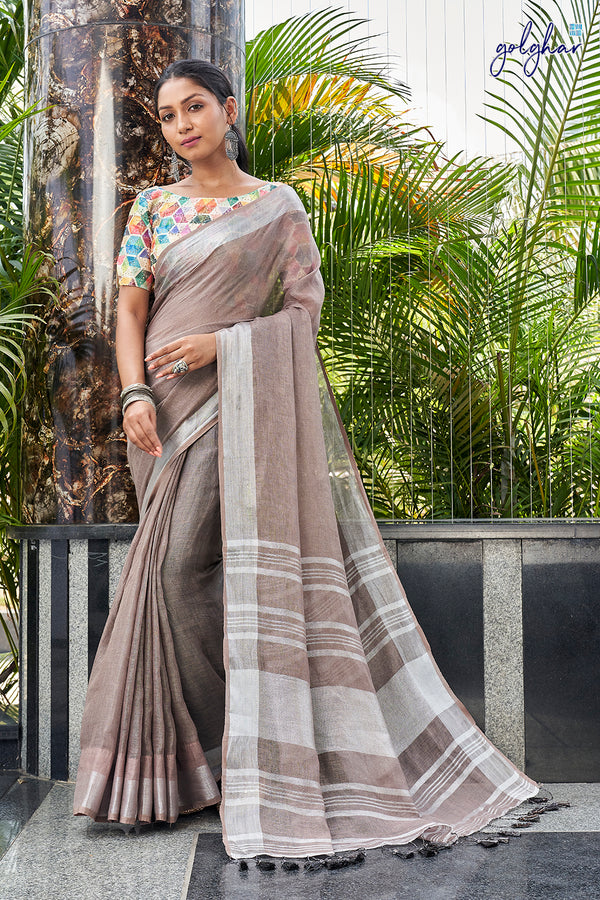 Contour & Bronze  Fancy Linen Banarasi Saree with Shining Texture – golghar