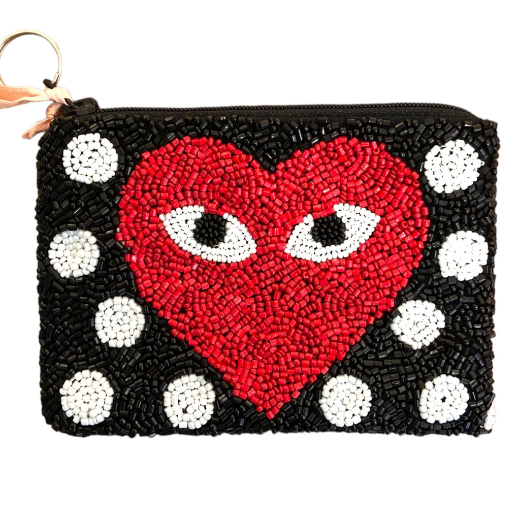 Red Heart Beaded Pouch Coin Purse