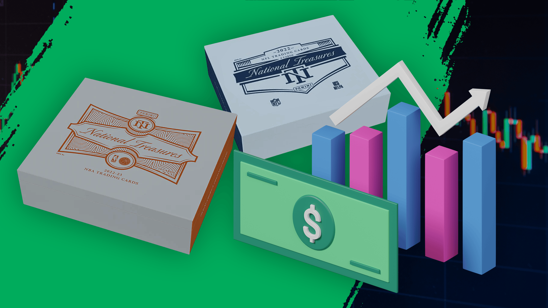 A graphic showing sports card boxes and money and graphs for investing