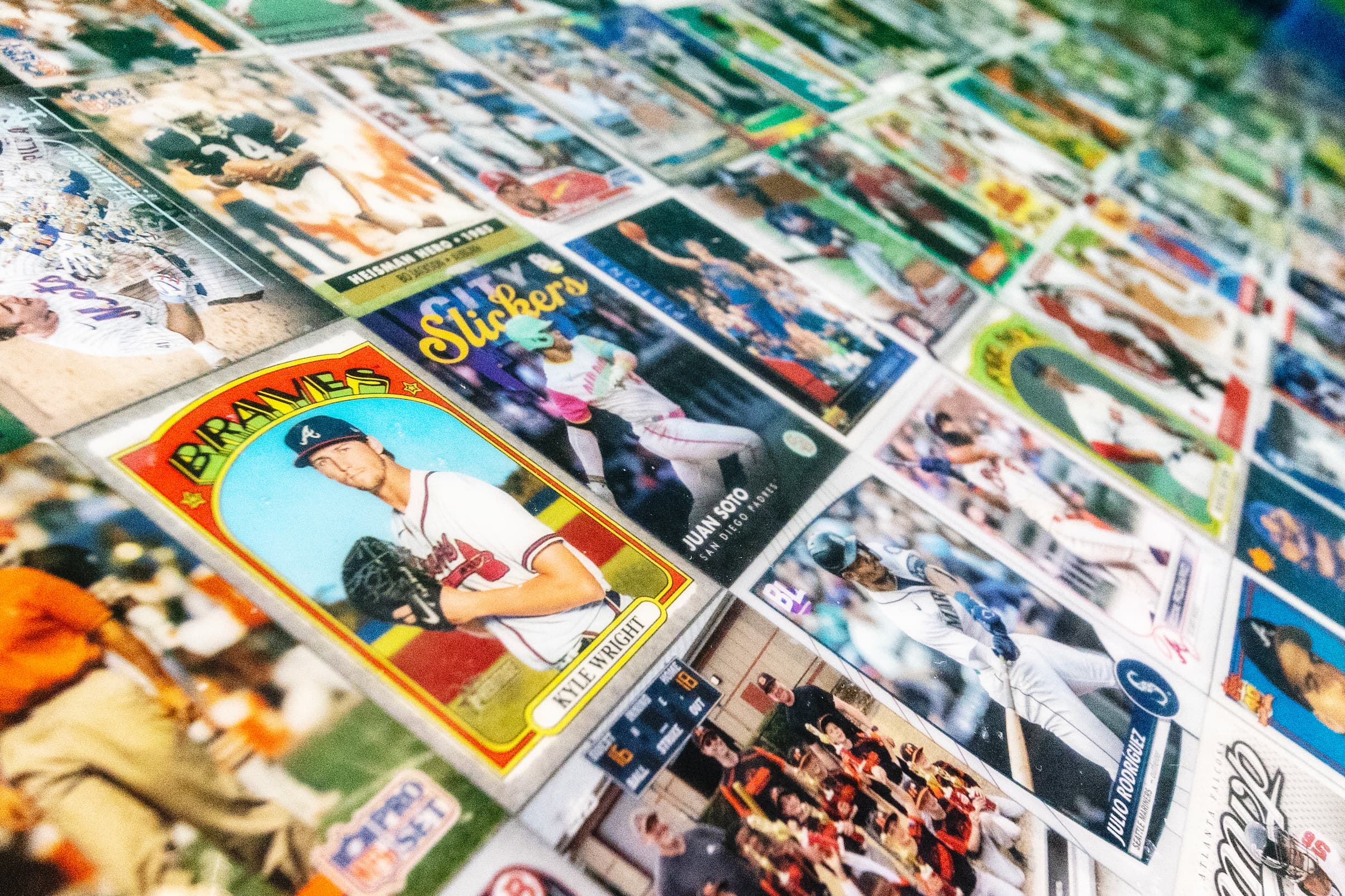 a sports card display of colorful trading cards lined up