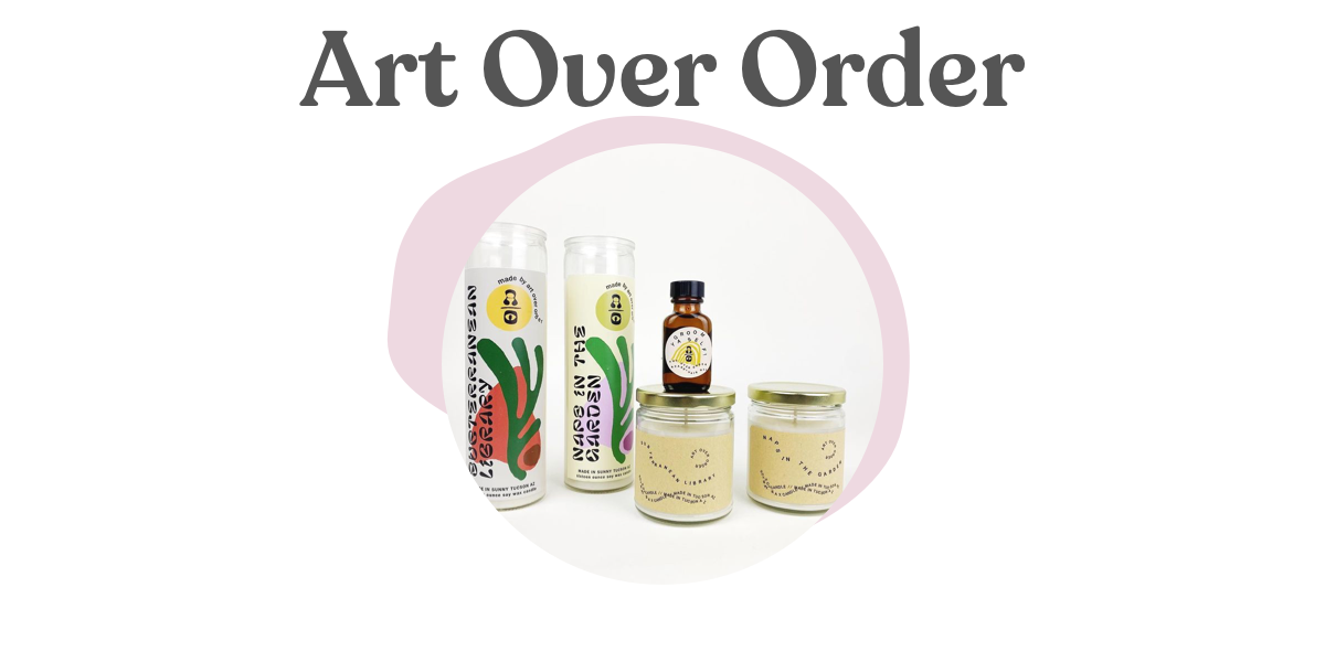 Several candles and a small bottle of hair product on a white background. The company name "Art Over Order" hovers above. The items have colorful labels.