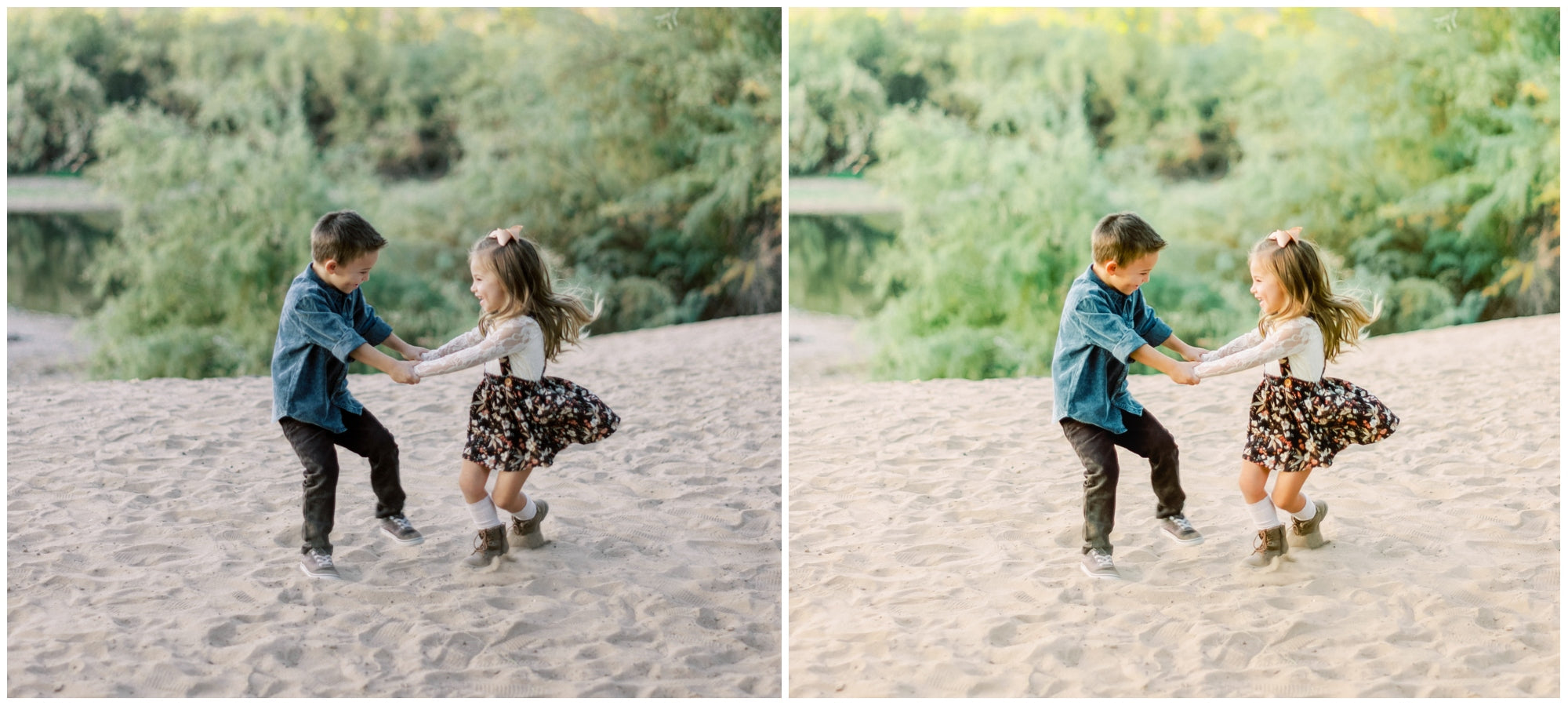 efore and after image of two children playing outdoors, edited with the Natural Light Preset to enhance brightness, soften shadows, and maintain true-to-life skin tones.