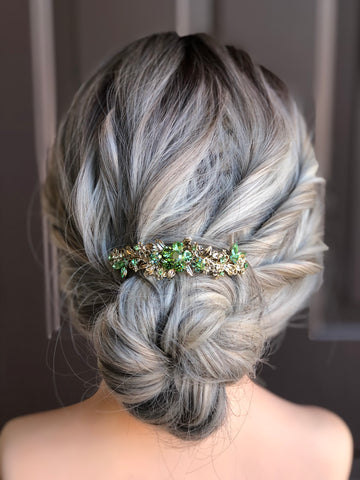 green and gold hair barrette for mother of the bride